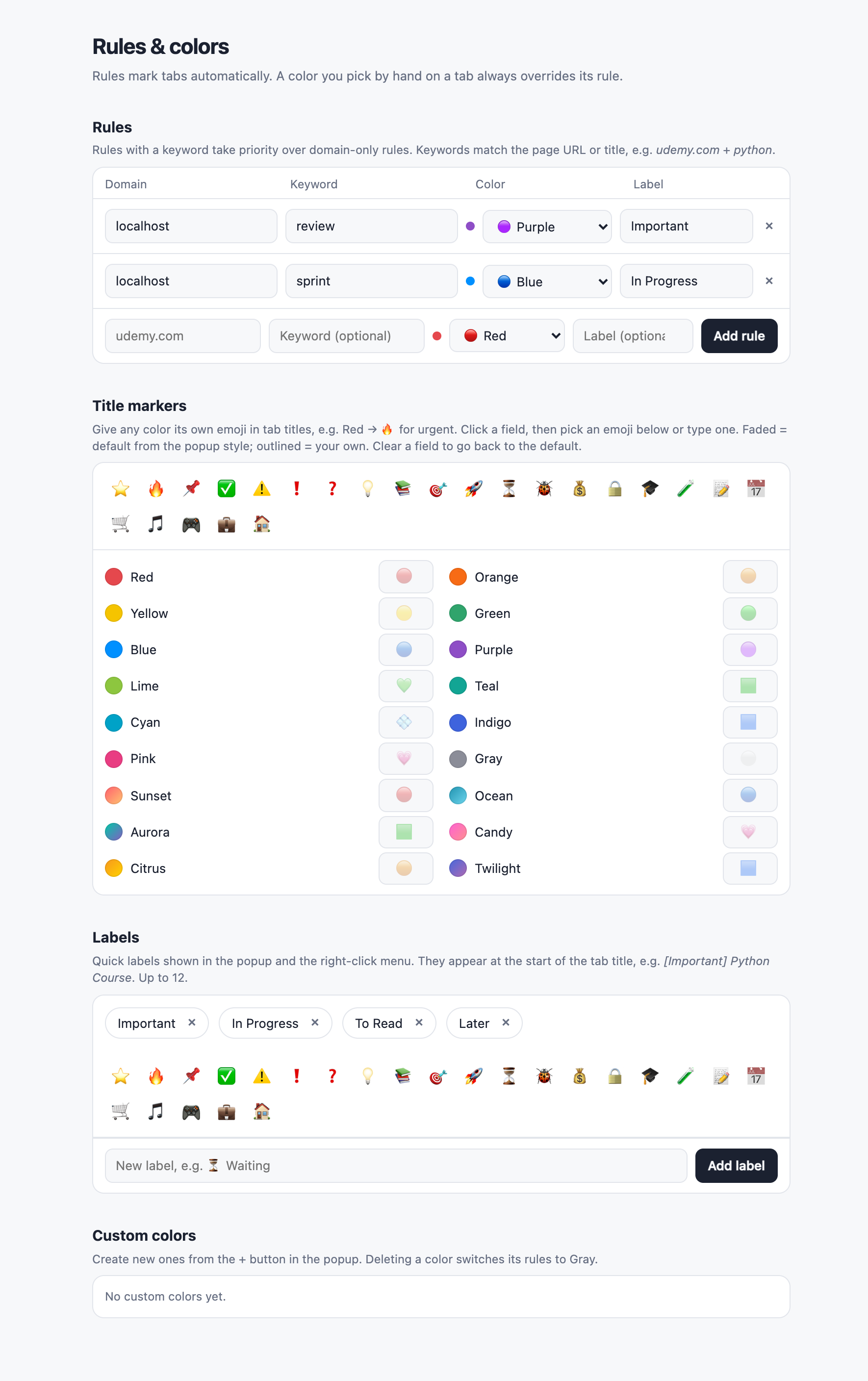TabHalo Rules and colors page: rules by domain and keyword, emoji title markers per color, quick labels and custom colors.