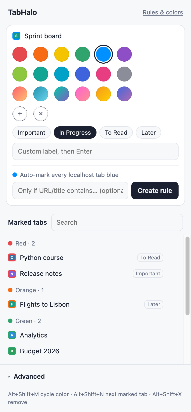 TabHalo popup: color palette, quick labels, a searchable list of marked tabs and advanced settings for icon style, symbol and title marker.